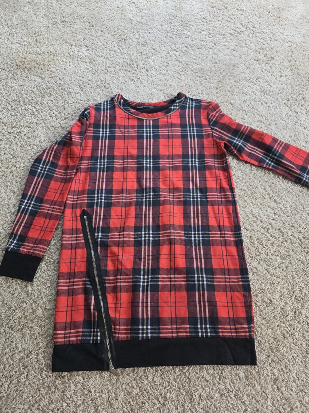 ZARA Red Plaid Tartan Zipper Accent Tunic Mini Dress Size M